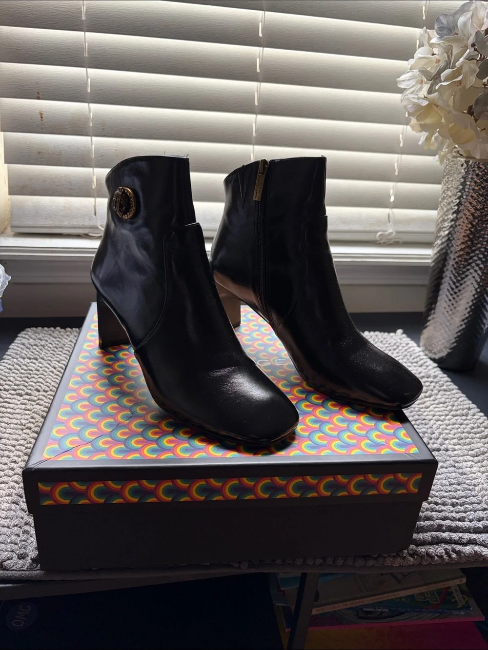 Kurt Geiger Black Leather Ankle Boots with Gold Accent - Women's